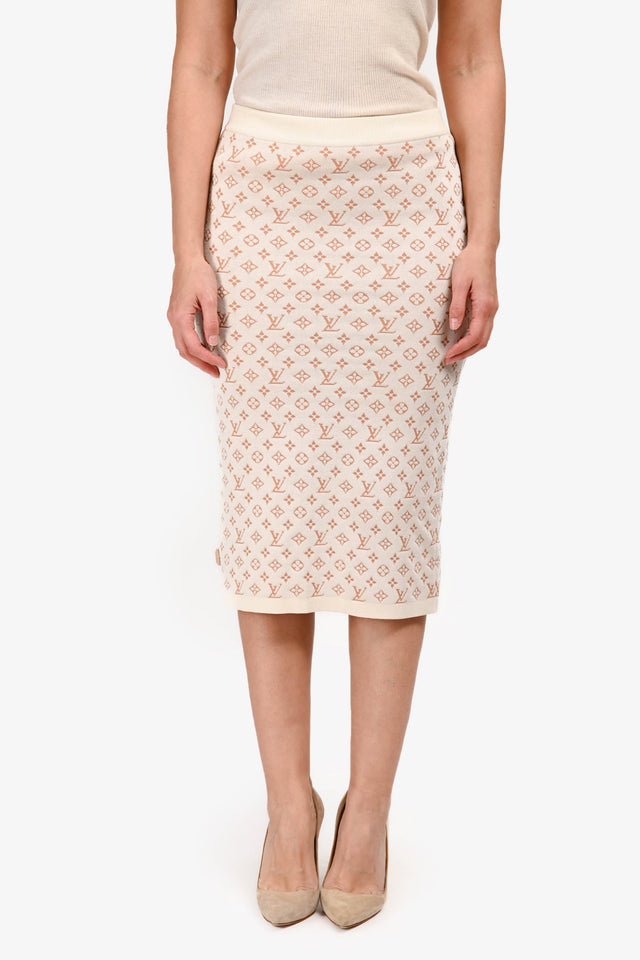 Louis Vuitton Cream/Tan Monogram Knit Midi Skirt Size XS