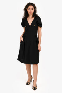 Louis Vuitton Black Silk Puff Sleeve Zipper Midi Dress Size 38