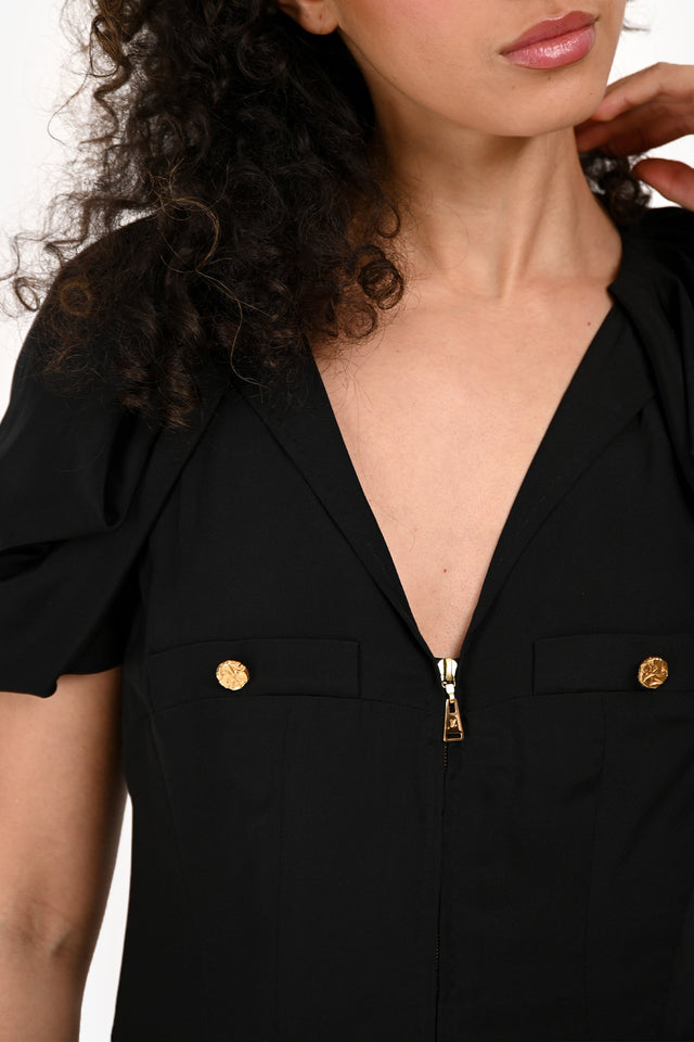 Louis Vuitton Black Silk Puff Sleeve Zipper Midi Dress Size 38