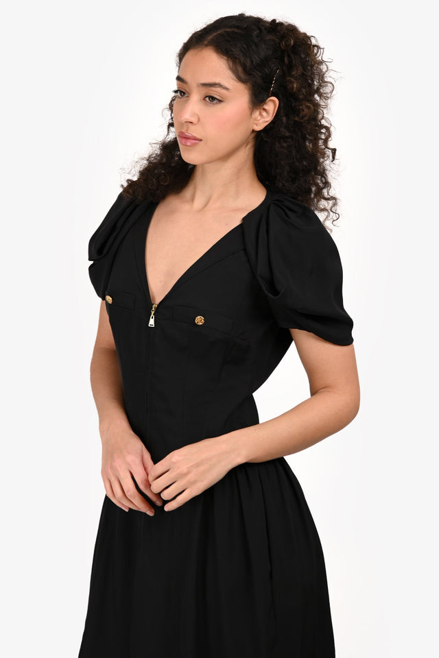 Louis Vuitton Black Silk Puff Sleeve Zipper Midi Dress Size 38