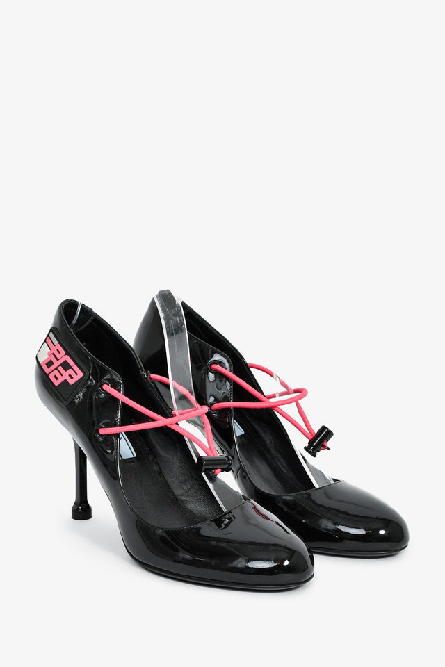 Prada Black Patent Pink Cord Mary Jane Heels Size 38