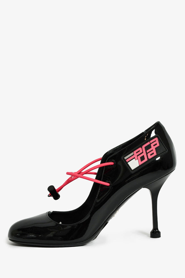 Prada Black Patent Pink Cord Mary Jane Heels Size 38