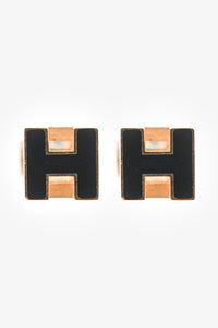 Hermes Gold Tone Metal/Black Enamel H Cube Earrings