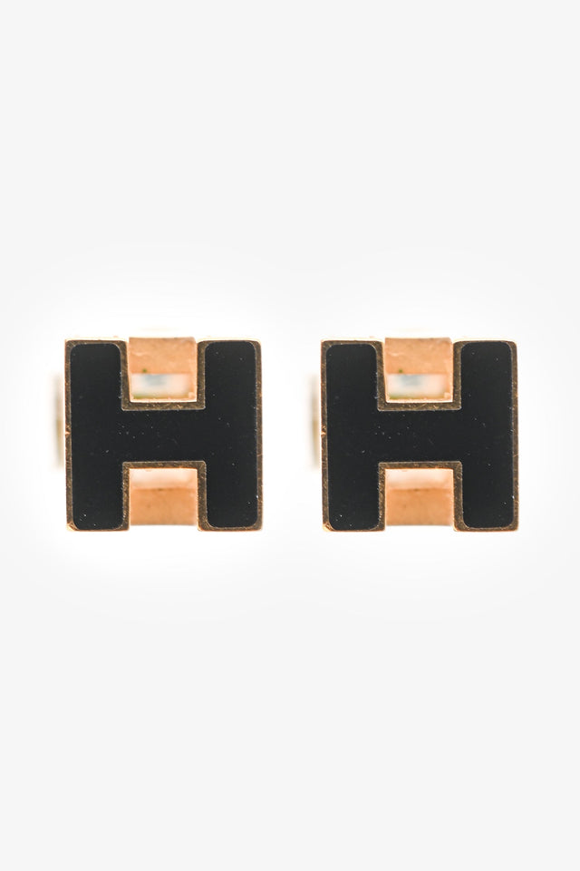 Hermes Gold Tone Metal/Black Enamel H Cube Earrings