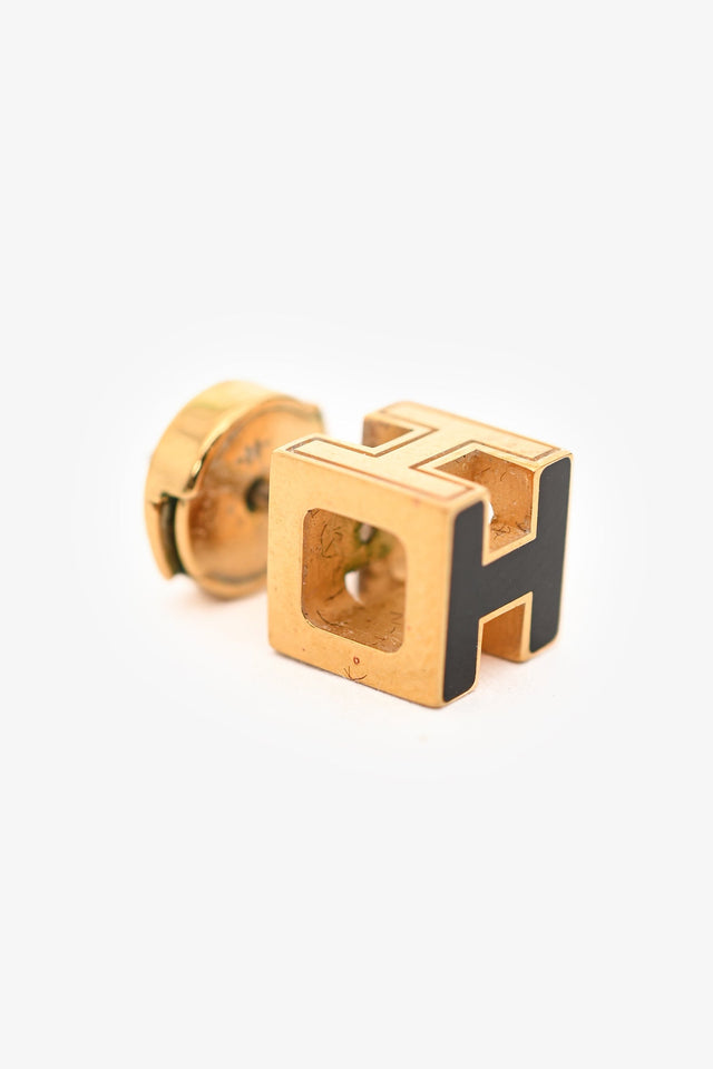 Hermes Gold Tone Metal/Black Enamel H Cube Earrings