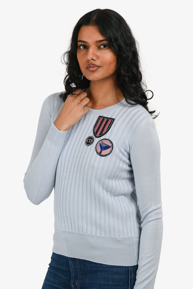 Christian Dior Blue Cashmere/Wool Patch Detail Sweater Size 4 US