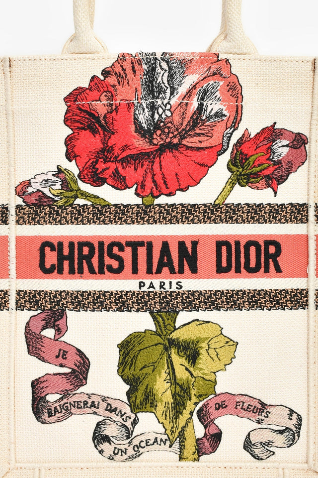 Christian Dior 2020 Cream 'Fleurs Bibliques' Canvas Vertical Mini Book Tote
