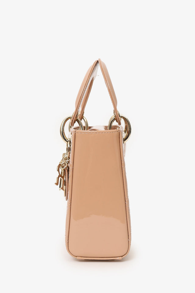 Christian Dior Beige Cannage Patent Leather Mini Lady Dior With Strap