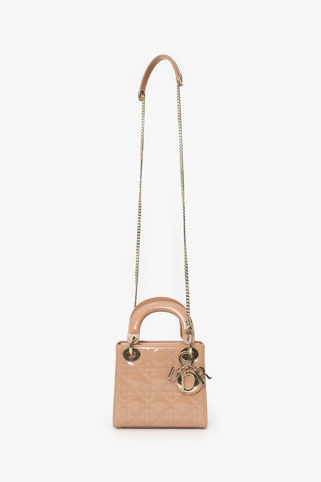 Christian Dior Beige Cannage Patent Leather Mini Lady Dior With Strap