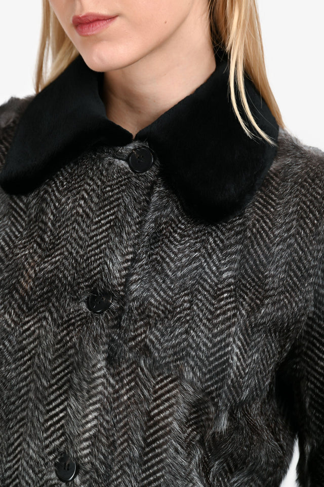 Prada 2016 Black/White Herringbone Goat Fur Collared Jacket Size 40