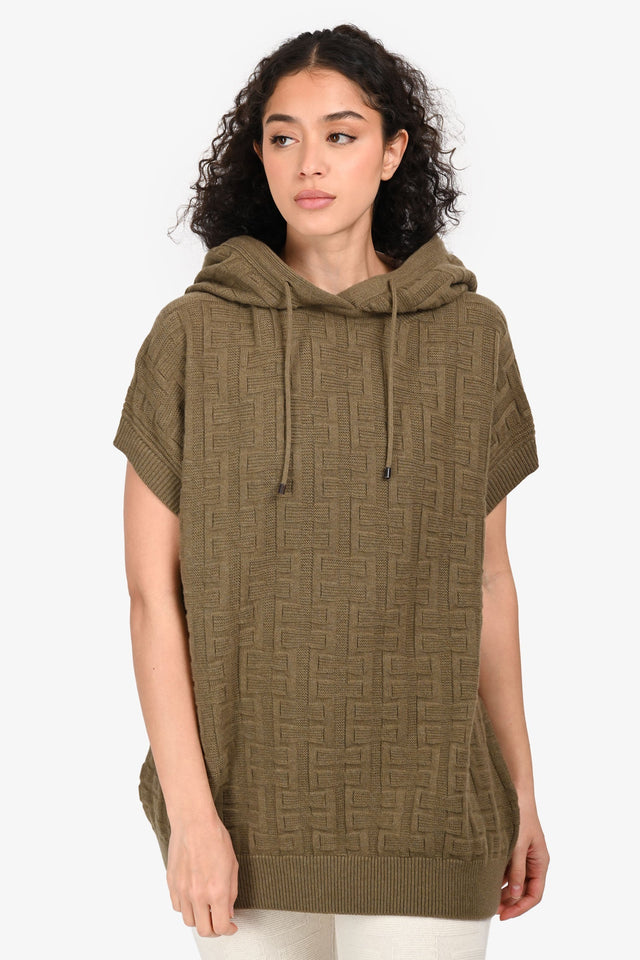 Hermes Taupe Wool Patterned Sleeveless Hoodie Size 38