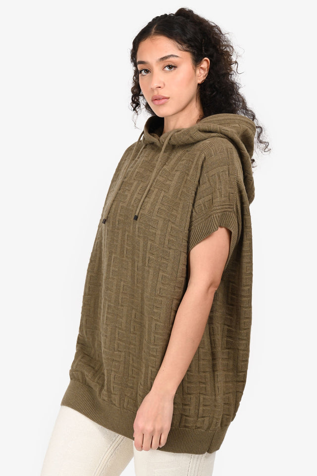 Hermes Taupe Wool Patterned Sleeveless Hoodie Size 38
