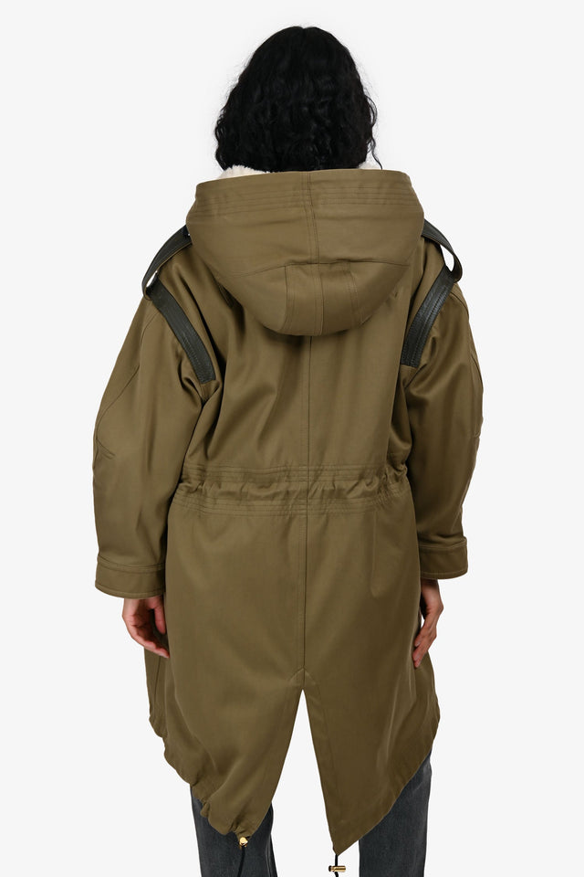 Burberry London Military Green Leather Detail Hooded Coat Size 0 US