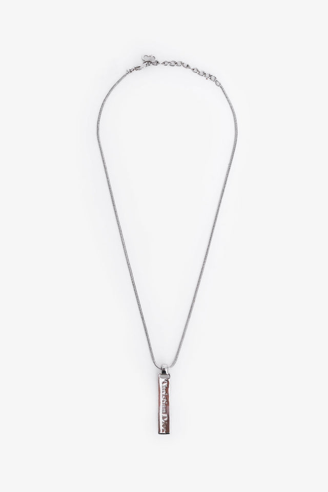 Christian Dior Silver Tone Metal Logo Plaque Pendant Necklace