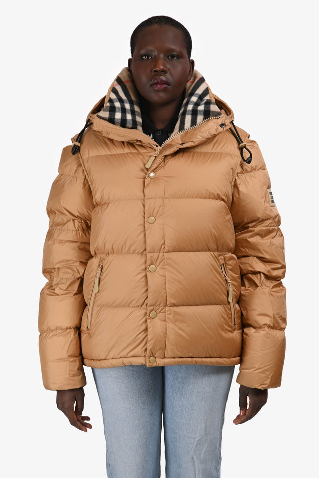 Burberry London Tan Hooded Removable Sleeve Puffer Jacket Size L Mens