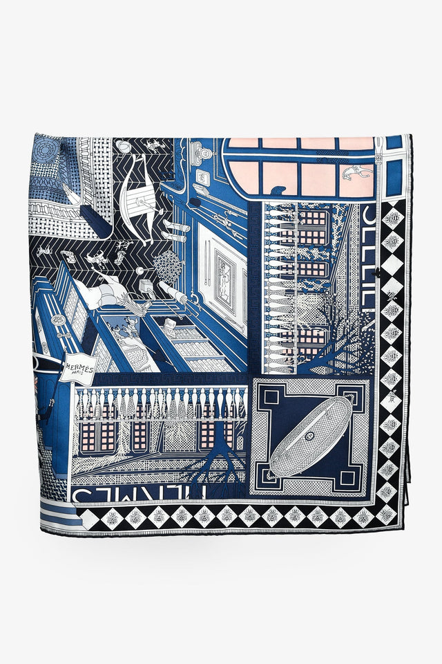 Hermes Navy/Blush Silk 'Objets de Curiosite' Scarf 90