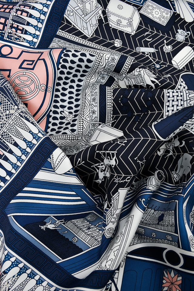 Hermes Navy/Blush Silk 'Objets de Curiosite' Scarf 90