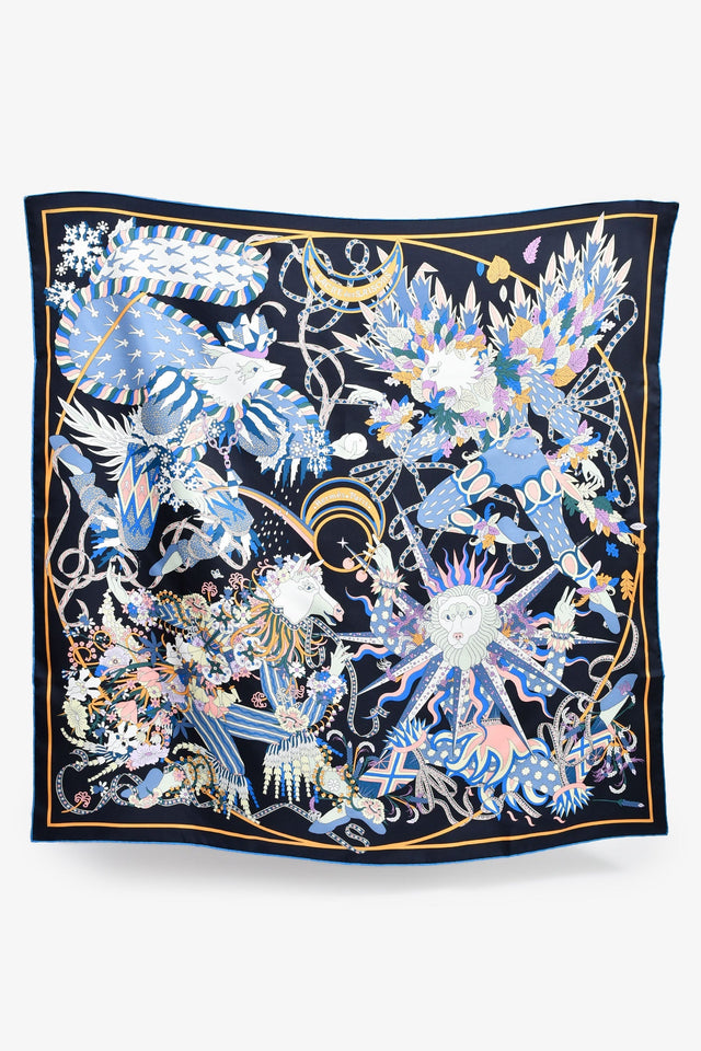 Hermes Black/Cobalt Silk 'Le Sacre des Saisons' Scarf 90