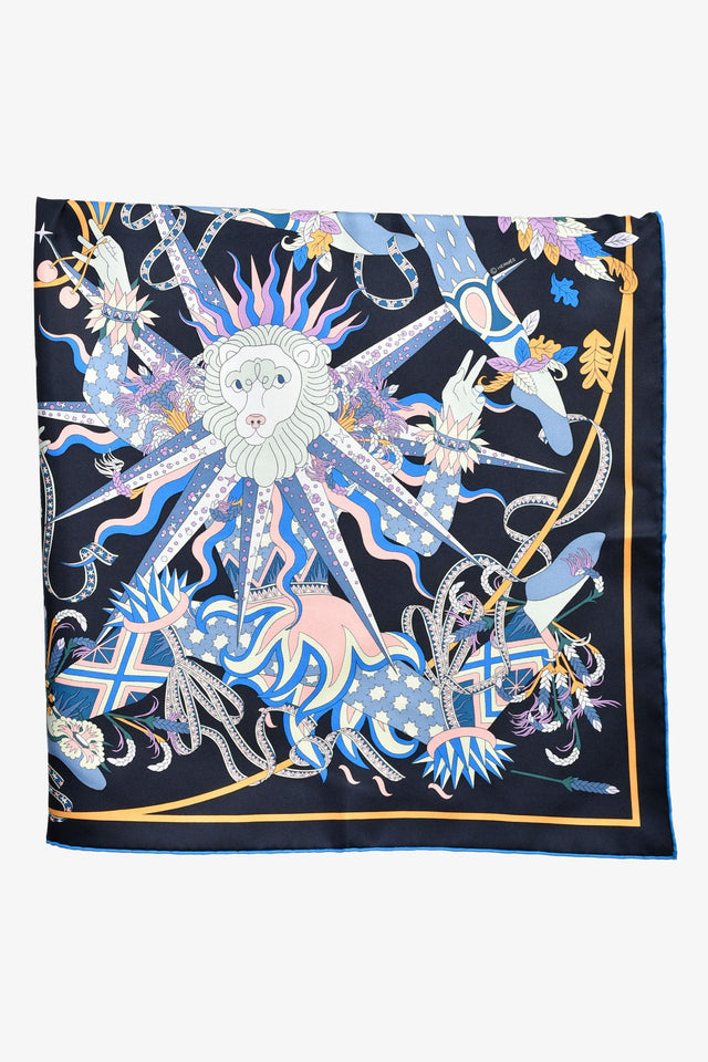 Hermes Black/Cobalt Silk 'Le Sacre des Saisons' Scarf 90