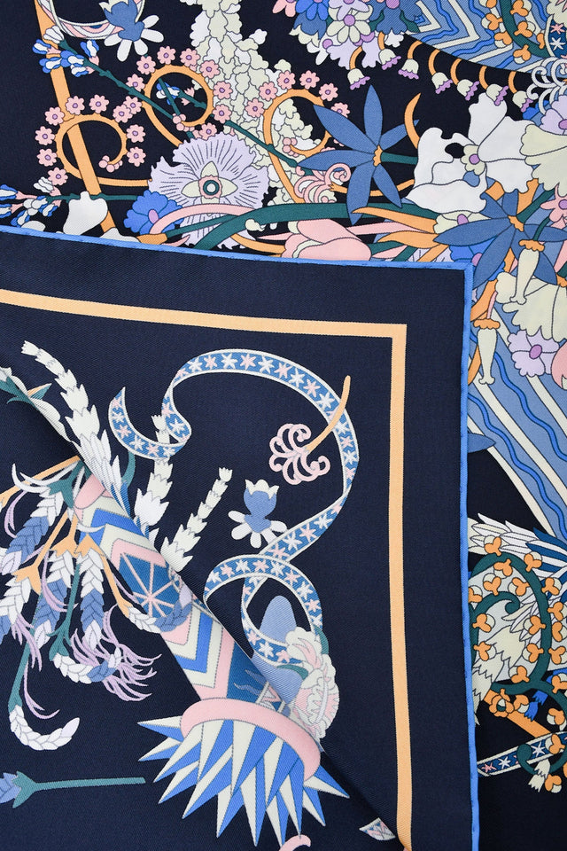 Hermes Black/Cobalt Silk 'Le Sacre des Saisons' Scarf 90