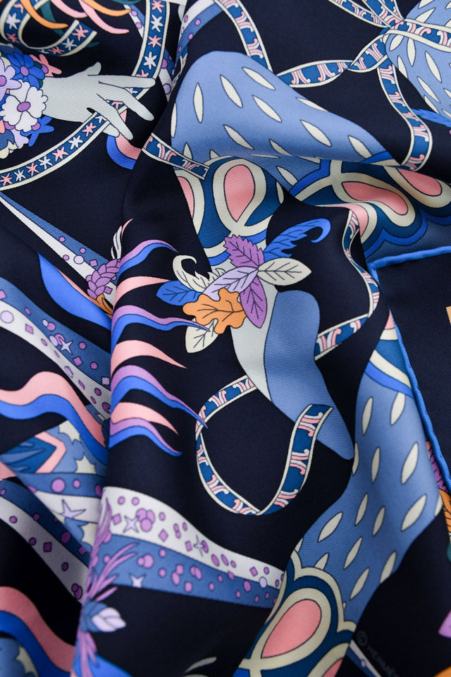 Hermes Black/Cobalt Silk 'Le Sacre des Saisons' Scarf 90