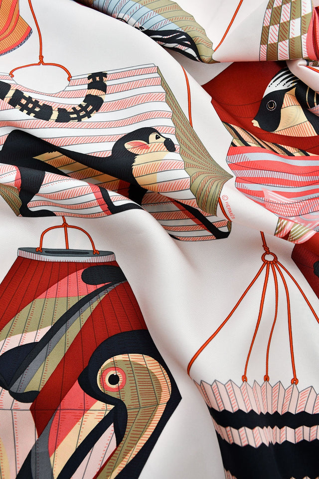 Hermes Gold/Blush Silk ' Lanternes et Ballons' Scarf 90 with Tags