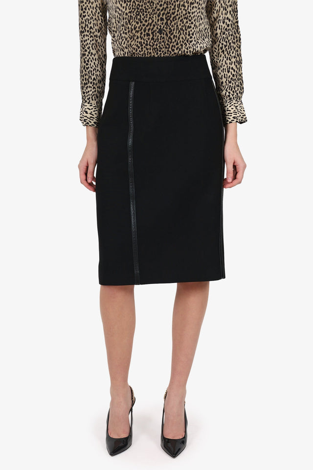 Burberry London Black Leather Trim Knee Length Skirt Size 14