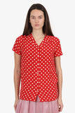 Burberry Red/White Polka Dot Silk Short Sleeve Button Down Blouse Size 4