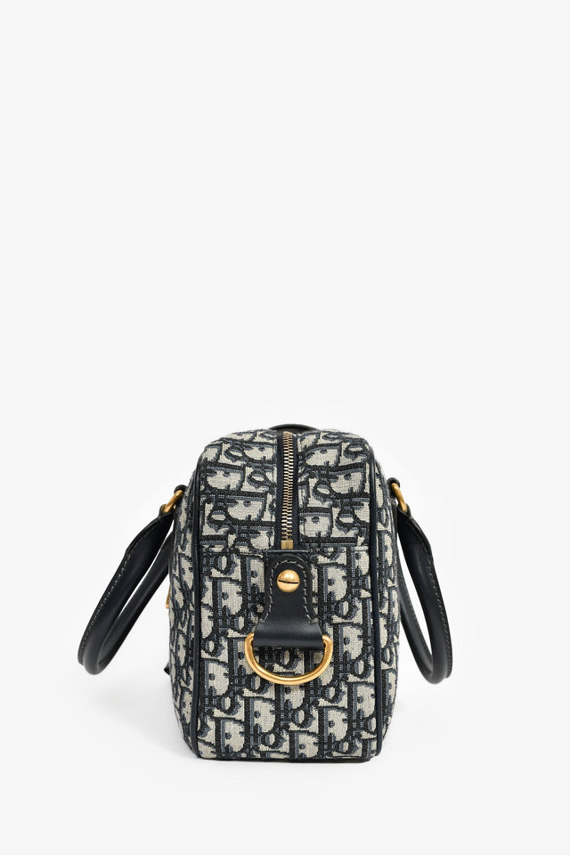 Christian Dior 2017 Navy Oblique Jacquard Bowling Bag with Strap