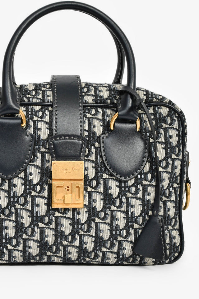 Christian Dior 2017 Navy Oblique Jacquard Bowling Bag with Strap