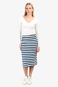 Prada 2021 White/Blue Denim Striped Midi Skirt Size 38