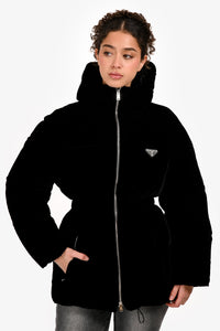 Prada 2024 Black Velvet Triangle Cinched Puffer Jacket Size 36