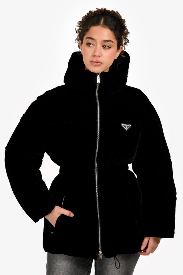 Prada 2024 Black Velvet Triangle Cinched Puffer Jacket Size 36