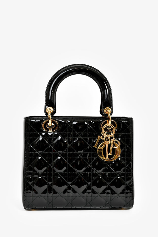 Christian Dior 2017 Black Patent Cannage Medium Lady Dior Top Handle with Strap