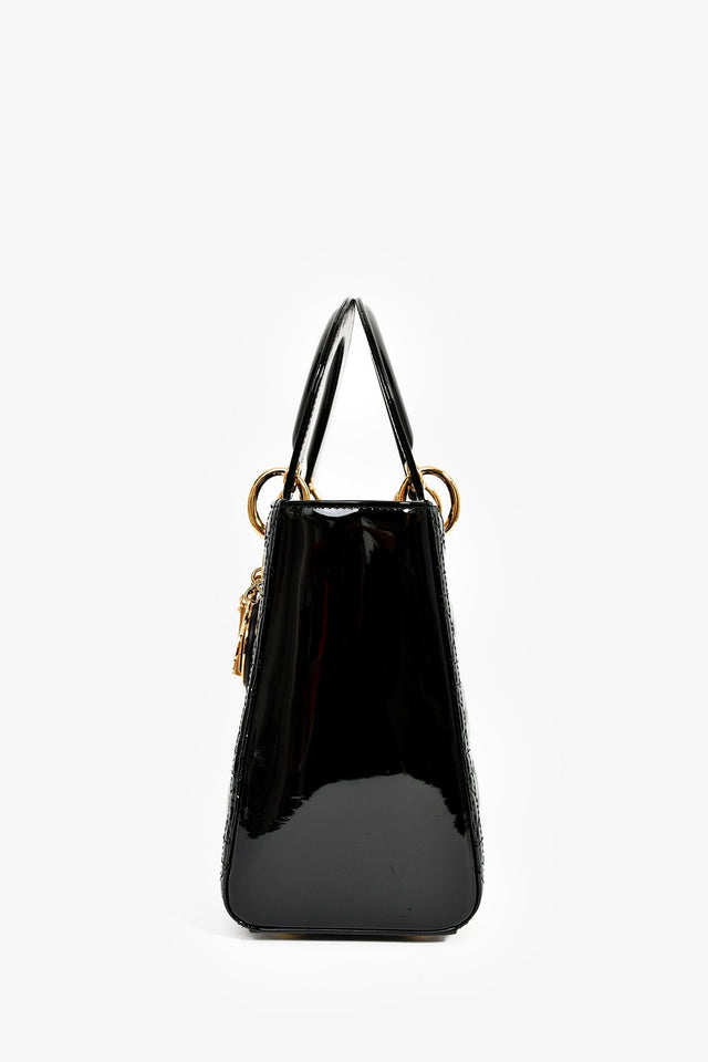 Christian Dior 2017 Black Patent Cannage Medium Lady Dior Top Handle with Strap