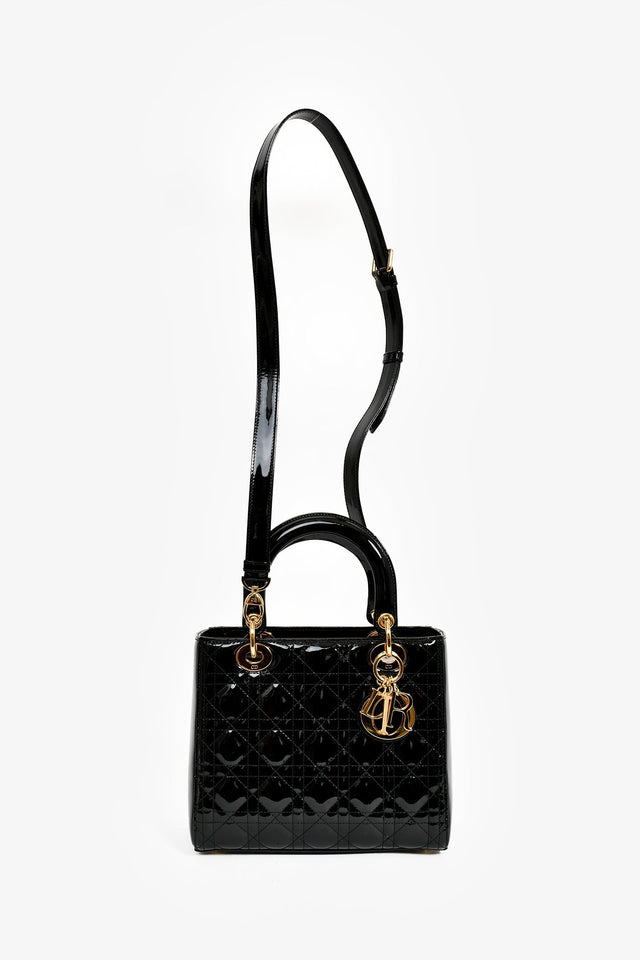 Christian Dior 2017 Black Patent Cannage Medium Lady Dior Top Handle with Strap