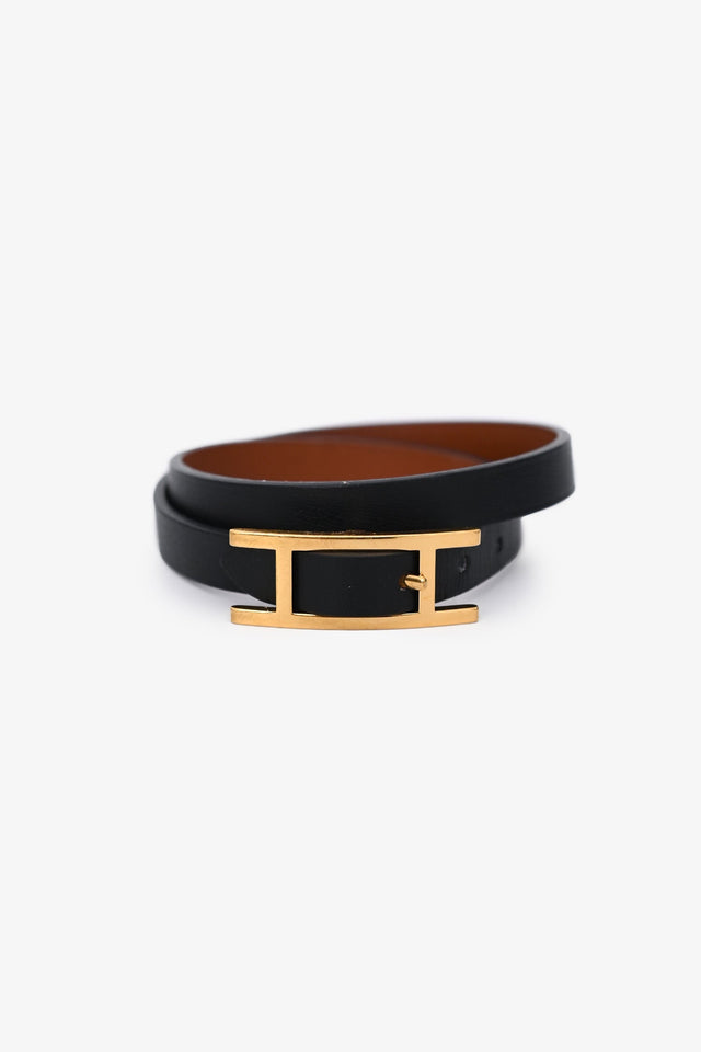 Hermes Black Leather Behapi Double Tour Bracelet GHW