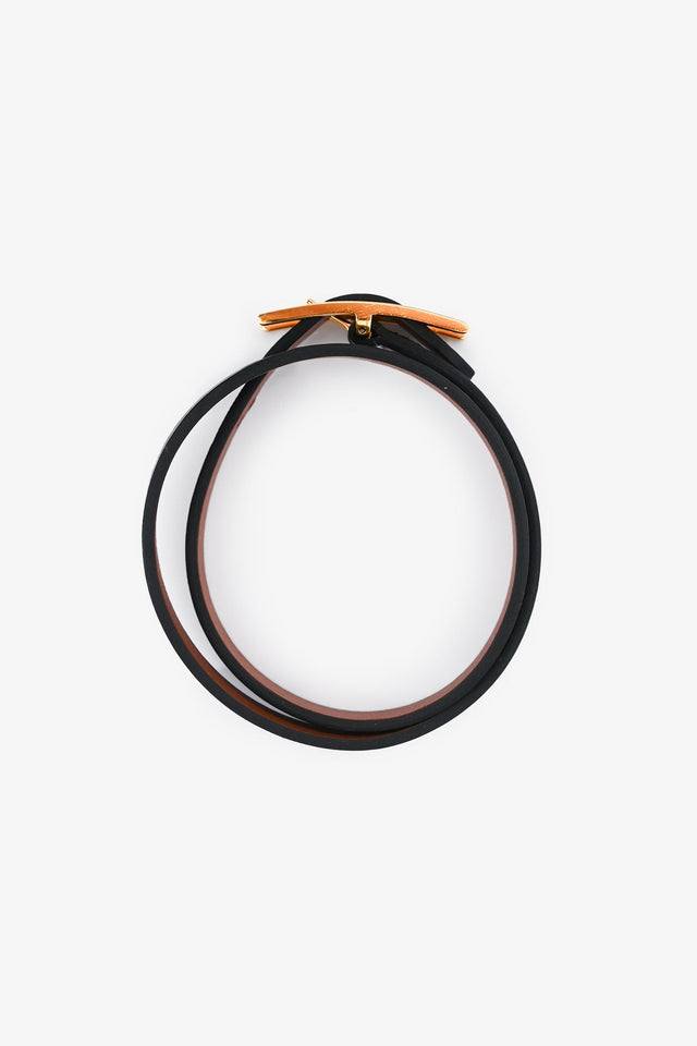 Hermes Black Leather Behapi Double Tour Bracelet GHW