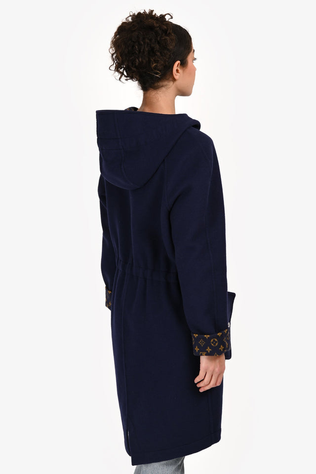 Louis Vuitton 2019 Navy Wool Monogram Detail Hooded Coat Size 40