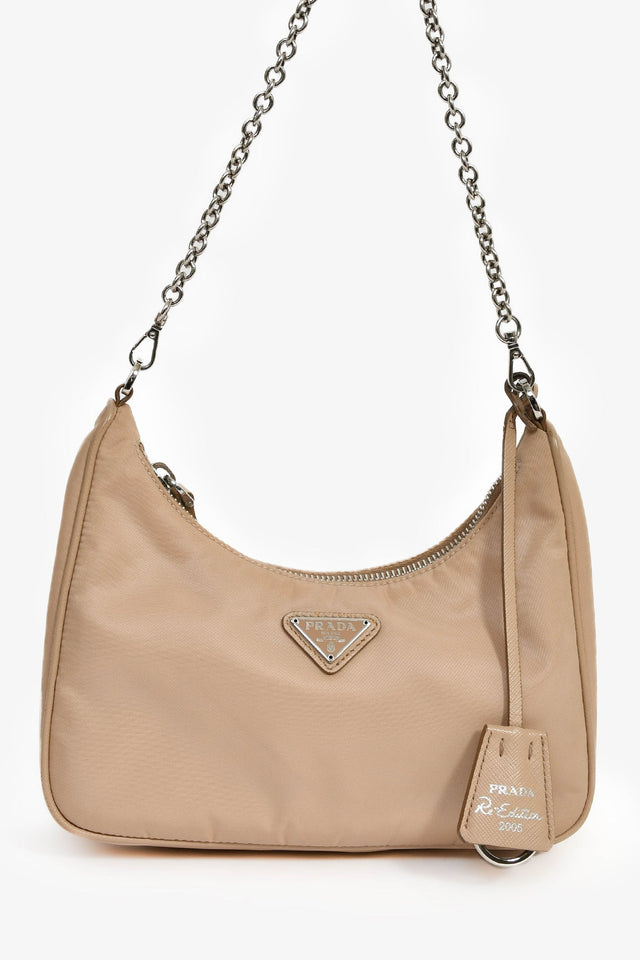 Prada Beige Re-Nylon Re-Edition 2005 Crossbody Bag with Chain & Pouch