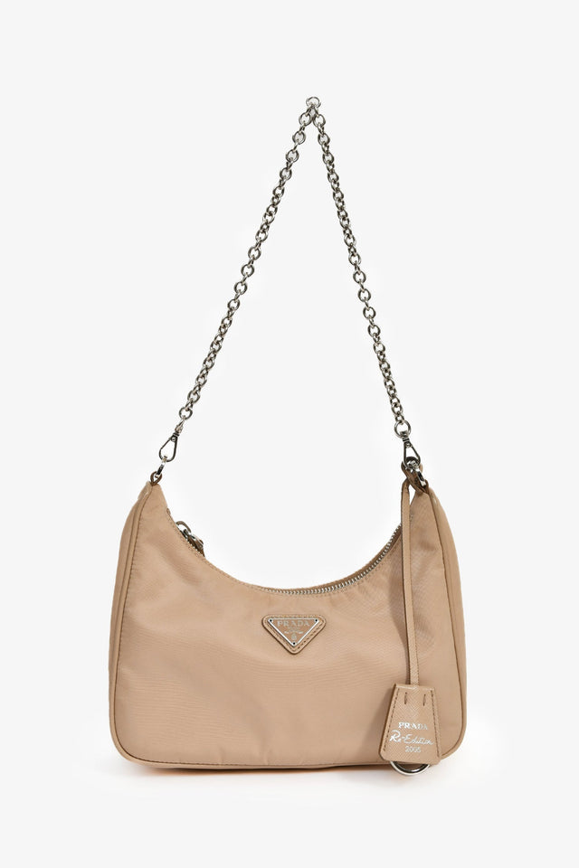 Prada Beige Re-Nylon Re-Edition 2005 Crossbody Bag with Chain & Pouch