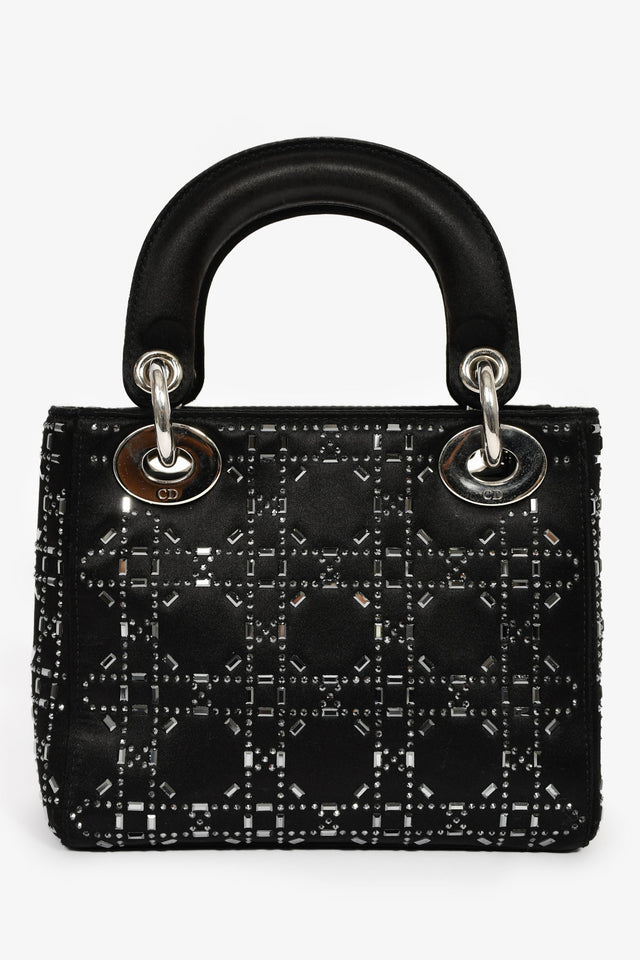 Christian Dior 2019 Black Satin Crystal Embellished Mini Lady Dior With Strap