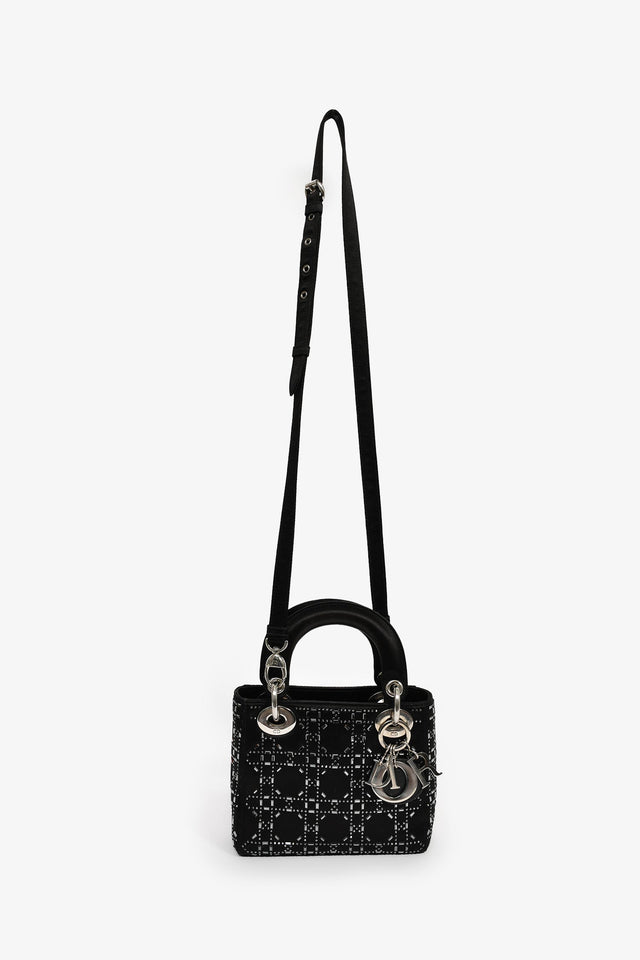 Christian Dior 2019 Black Satin Crystal Embellished Mini Lady Dior With Strap