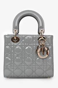 Christian Dior 2021 Grey Patent Leather Small Lady Dior Top Handle With Strap