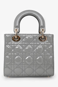 Christian Dior 2021 Grey Patent Leather Small Lady Dior Top Handle With Strap