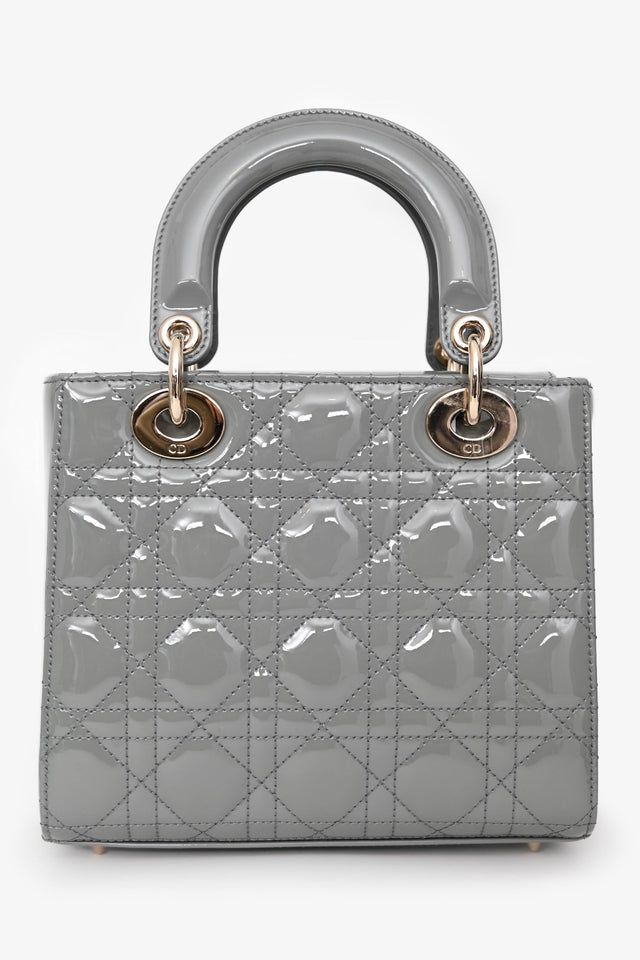 Christian Dior 2021 Grey Patent Leather Small Lady Dior Top Handle With Strap