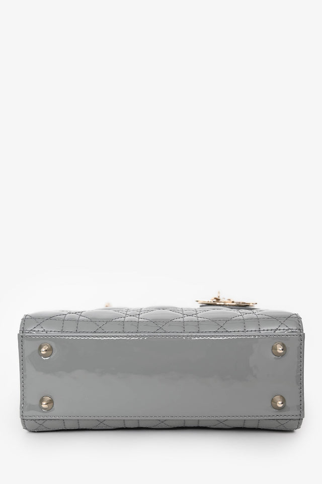 Christian Dior 2021 Grey Patent Leather Small Lady Dior Top Handle With Strap