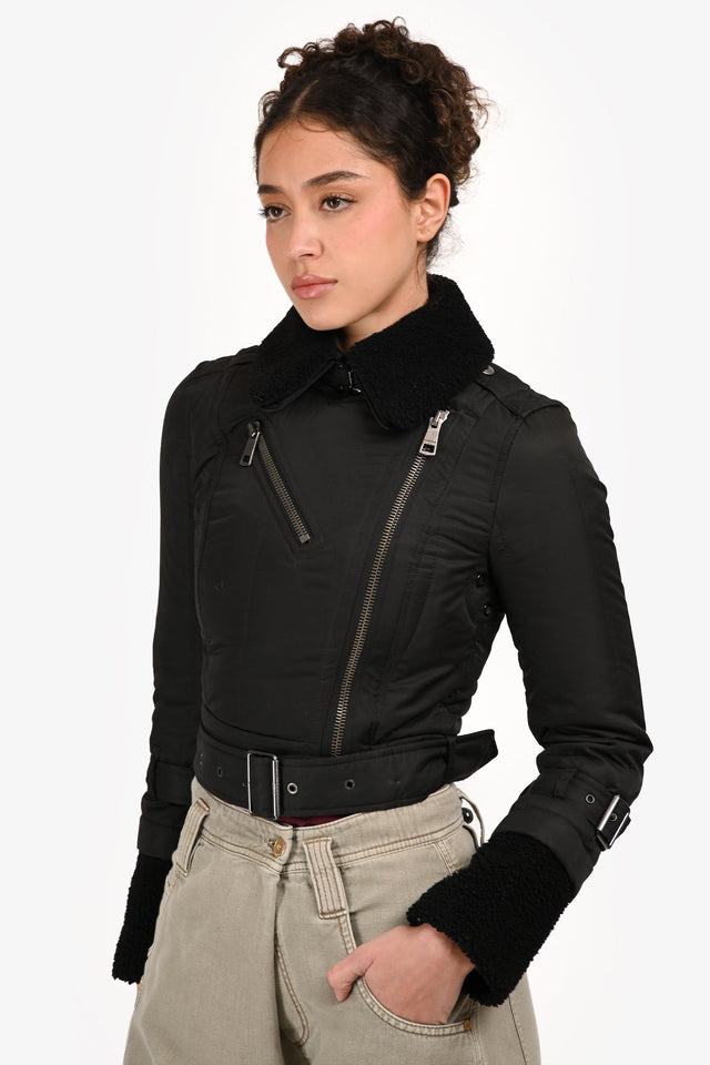 Burberry Brit Black Nylon Shearling-Trimmed Cropped Jacket Size 2