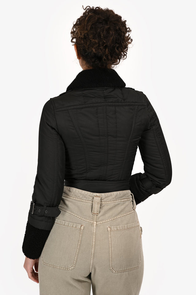 Burberry Brit Black Nylon Shearling-Trimmed Cropped Jacket Size 2