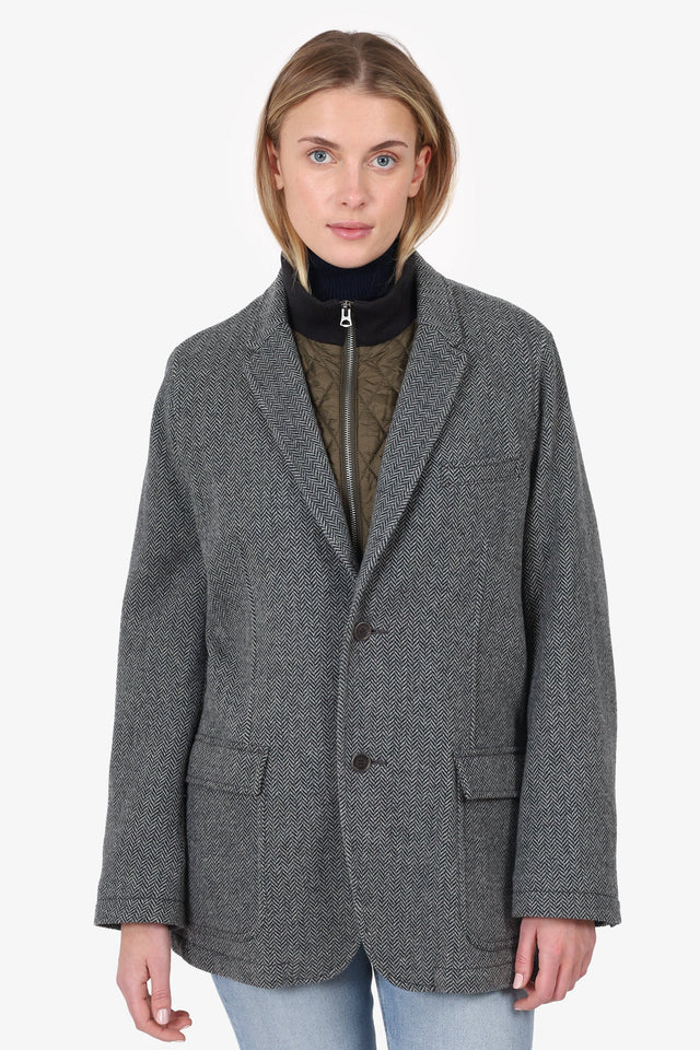 Burberry Black/White Wool Herringbone Single Breasted Blazer With Quilted Zip Up Size L